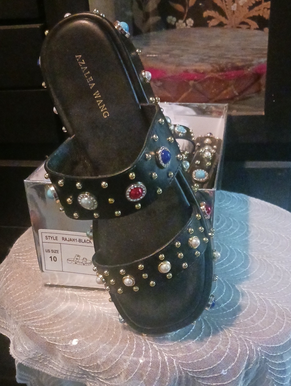 Azalea Wang Black Jeweled Double-Strap Slide Sandal